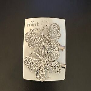 Mint Silver Crystal Butterfly Hair Clips - Pair